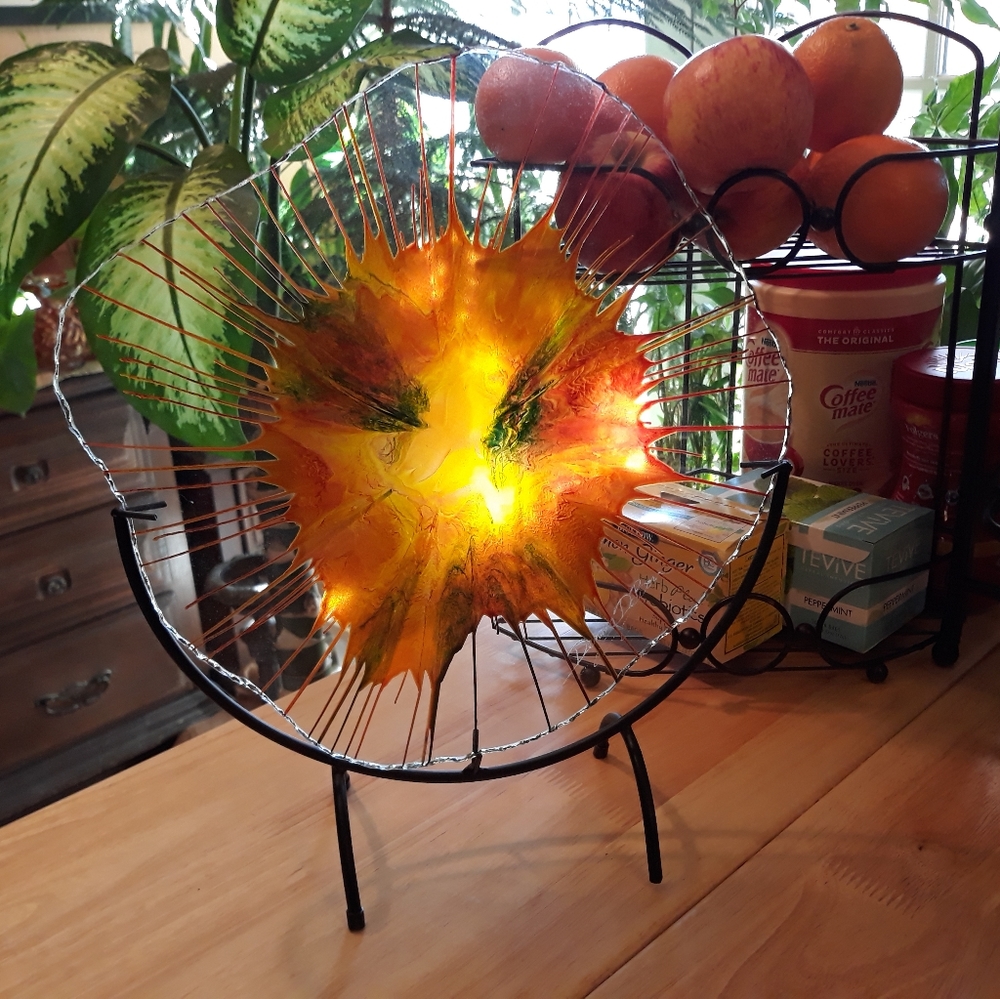 Dennis DeBon signed art glass sculpture from his "EnergyWebs" series with stand